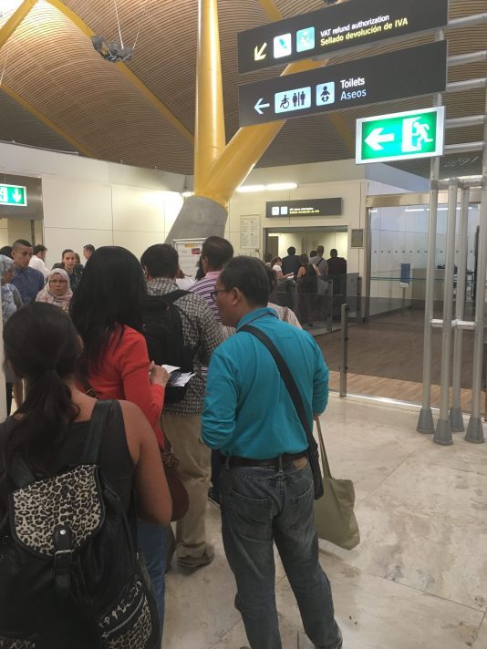The line to have documents stamped to get the tax free refund at Barajas Airport, Madrid